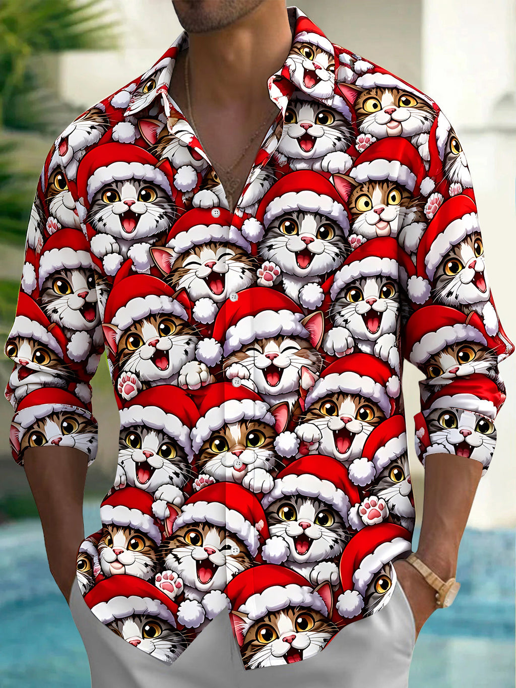 Oceanlyte Men's Graphic Cats Wearing Santa Hats Print Long Sleeve Shirt with Chest Pocket