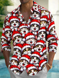 Oceanlyte Men's Graphic Cats Wearing Santa Hats Print Long Sleeve Shirt with Chest Pocket