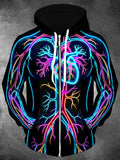 Oceanlyte Men's Long Sleeve Zip-Up Hoodie - Neon Human Vascular System And Heart Print