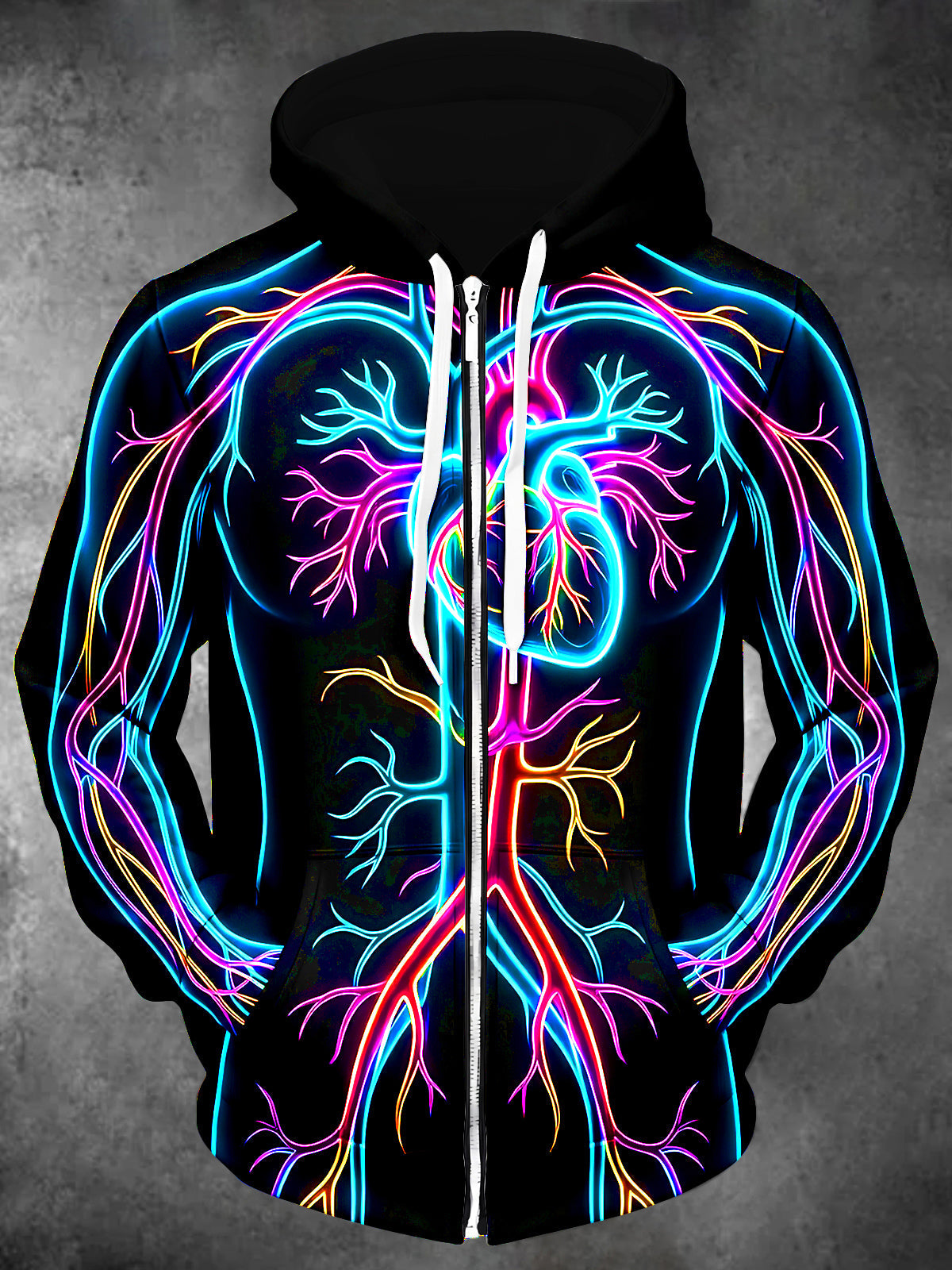 Oceanlyte Men's Long Sleeve Zip-Up Hoodie - Neon Human Vascular System And Heart Print