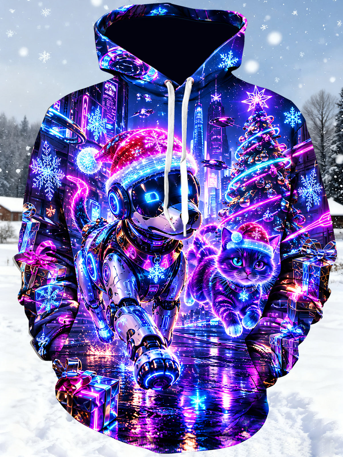 Oceanlyte Men's Graphic Cyberpunk Christmas Print Long Sleeve Hoodie with Chest Pocket