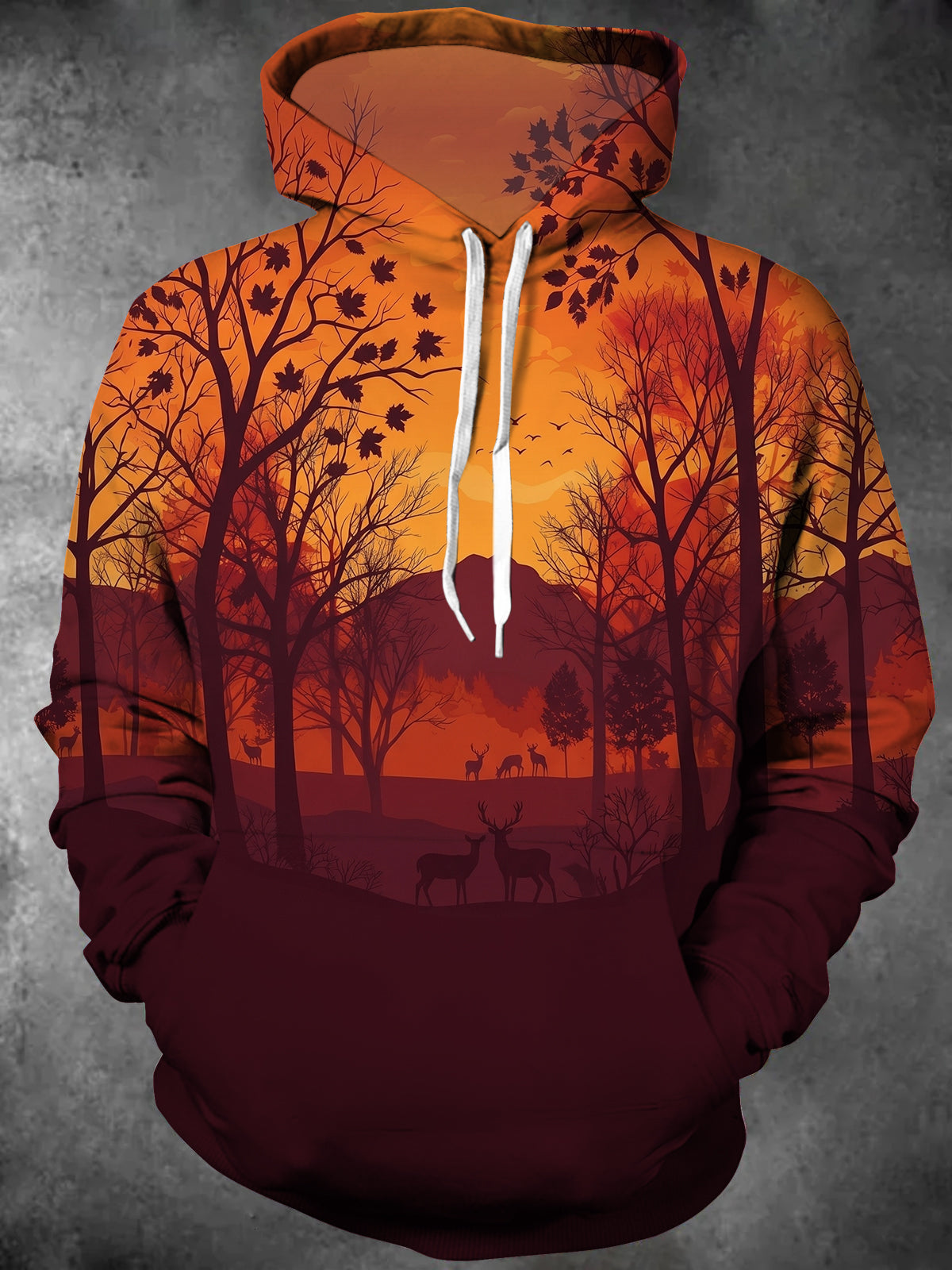 Oceanlyte Men's Long Sleeve Hoodie - Autumn Forest Landscape With Deer Silhouettes Print