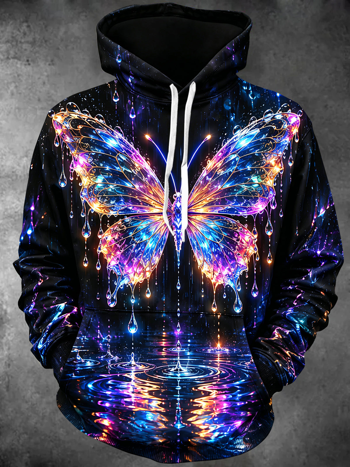 Oceanlyte Men's Graphic Neon Butterfly And Waterdrops Print Long Sleeve Hoodie