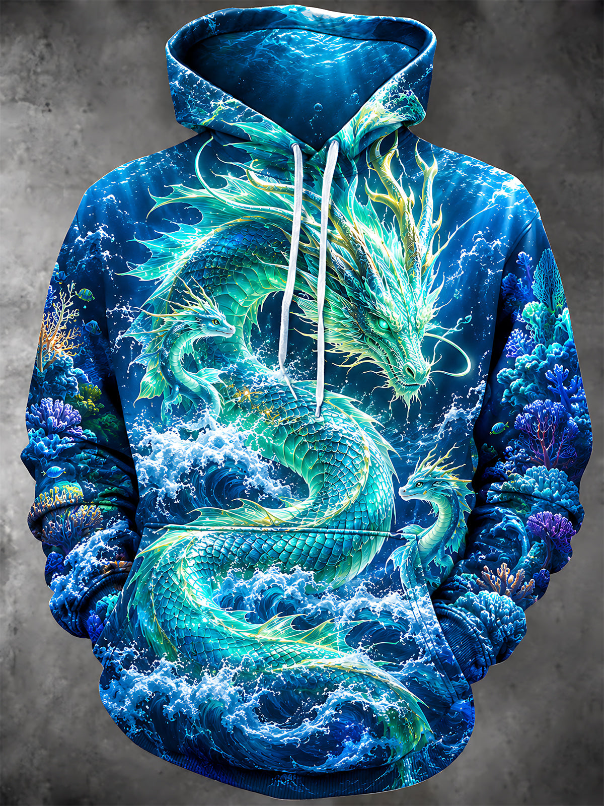Oceanlyte Men's Graphic Ocean Dragon Print Long Sleeve Hoodie with Chest Pocket