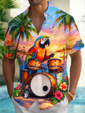 Oceanlyte Men's Hawaiian Parrot Playing Drums Print Short Sleeve Shirt with Chest Pocket