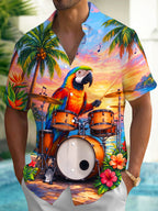 Oceanlyte Men's Hawaiian Parrot Playing Drums Print Short Sleeve Shirt with Chest Pocket