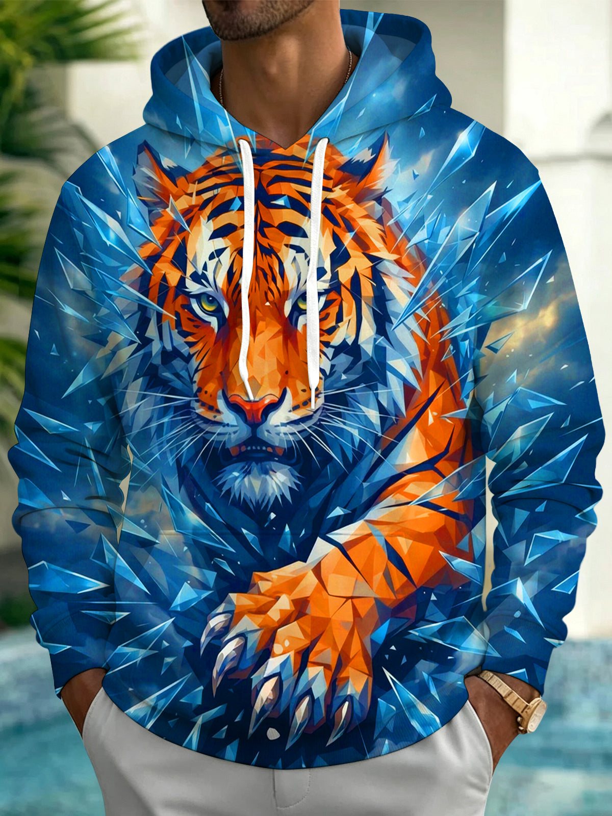 Oceanlyte Men's Graphic Low Poly Tiger Face And Paw Print Long Sleeve Hoodie