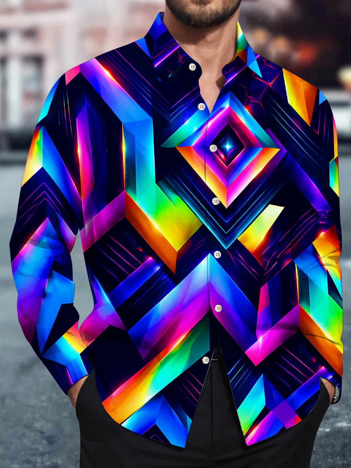 Oceanlyte Men's Graphic Neon 3D Geometric Diamond Pattern Long Sleeve Shirt with Chest Pocket