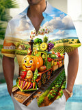 Oceanlyte Men's Short Sleeve Shirt - Cartoon Pumpkin Train With Fruits And Vegetables Print with Chest Pocket