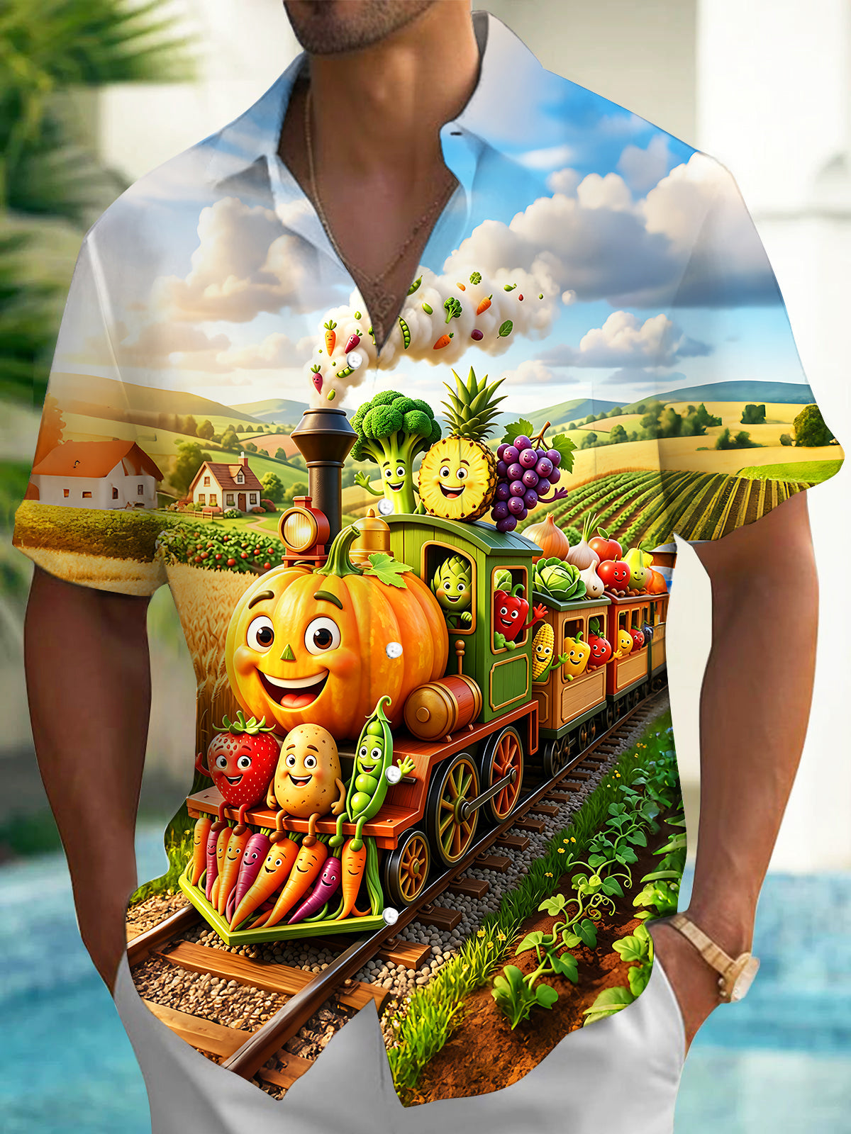 Oceanlyte Men's Short Sleeve Shirt - Cartoon Pumpkin Train With Fruits And Vegetables Print with Chest Pocket