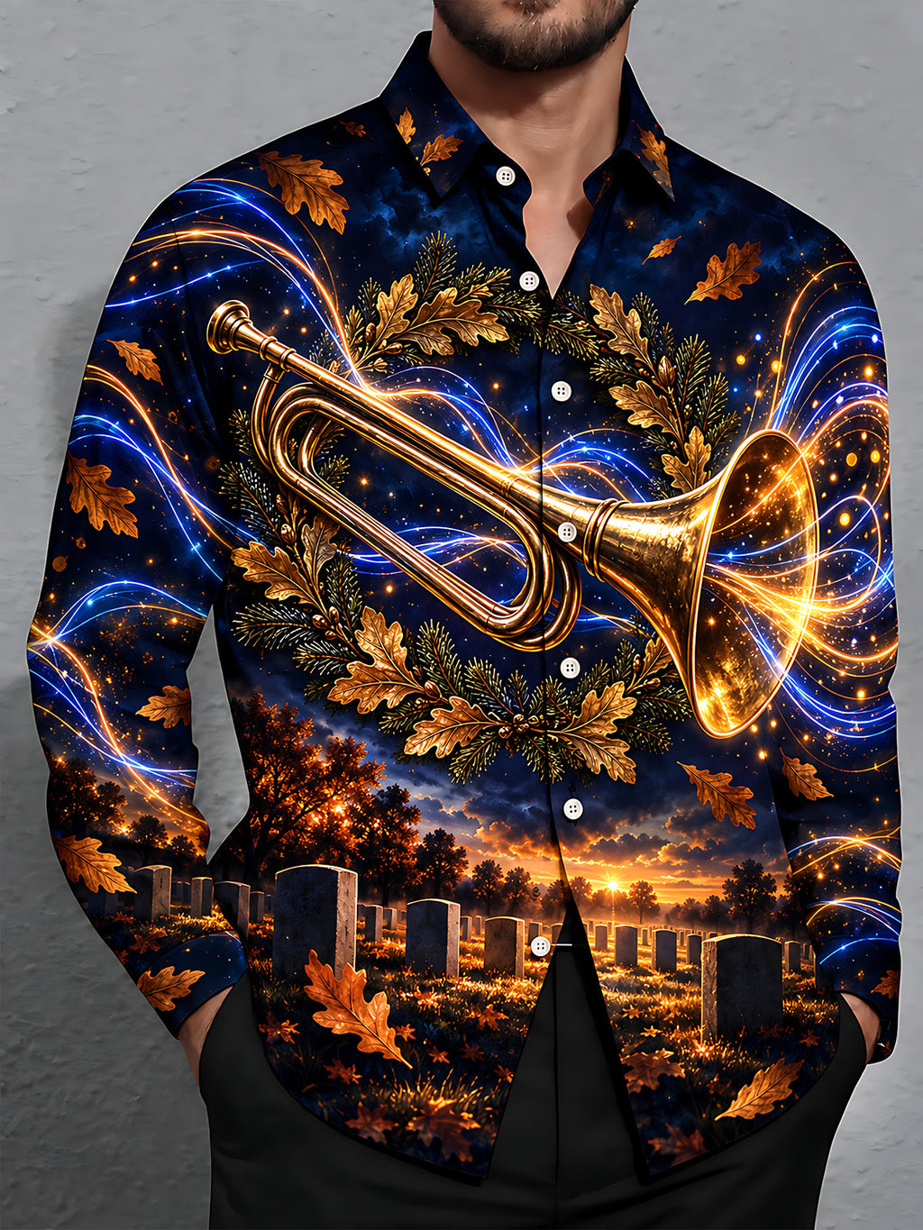 Oceanlyte Men's Long Sleeve Shirt - The "Echoes of Taps" Golden Trumpet And Autumn Leaves Print with Chest Pocket