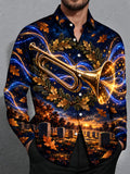 Oceanlyte Men's Long Sleeve Shirt - The "Echoes of Taps" Golden Trumpet And Autumn Leaves Print with Chest Pocket