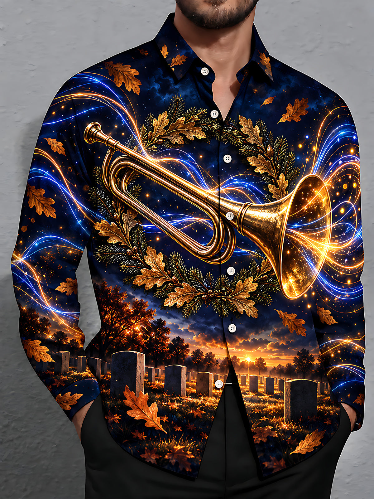 Oceanlyte Men's Long Sleeve Shirt - The "Echoes of Taps" Golden Trumpet And Autumn Leaves Print with Chest Pocket