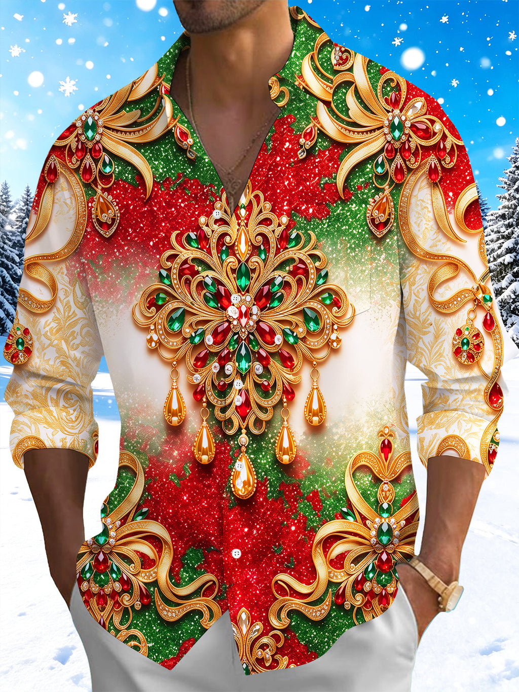 Oceanlyte Men's Long Sleeve Shirt - Christmas Gold Ornate Jewelry And Gemstone Mandala Print with Chest Pocket