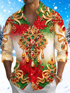 Oceanlyte Men's Long Sleeve Shirt - Christmas Gold Ornate Jewelry And Gemstone Mandala Print with Chest Pocket
