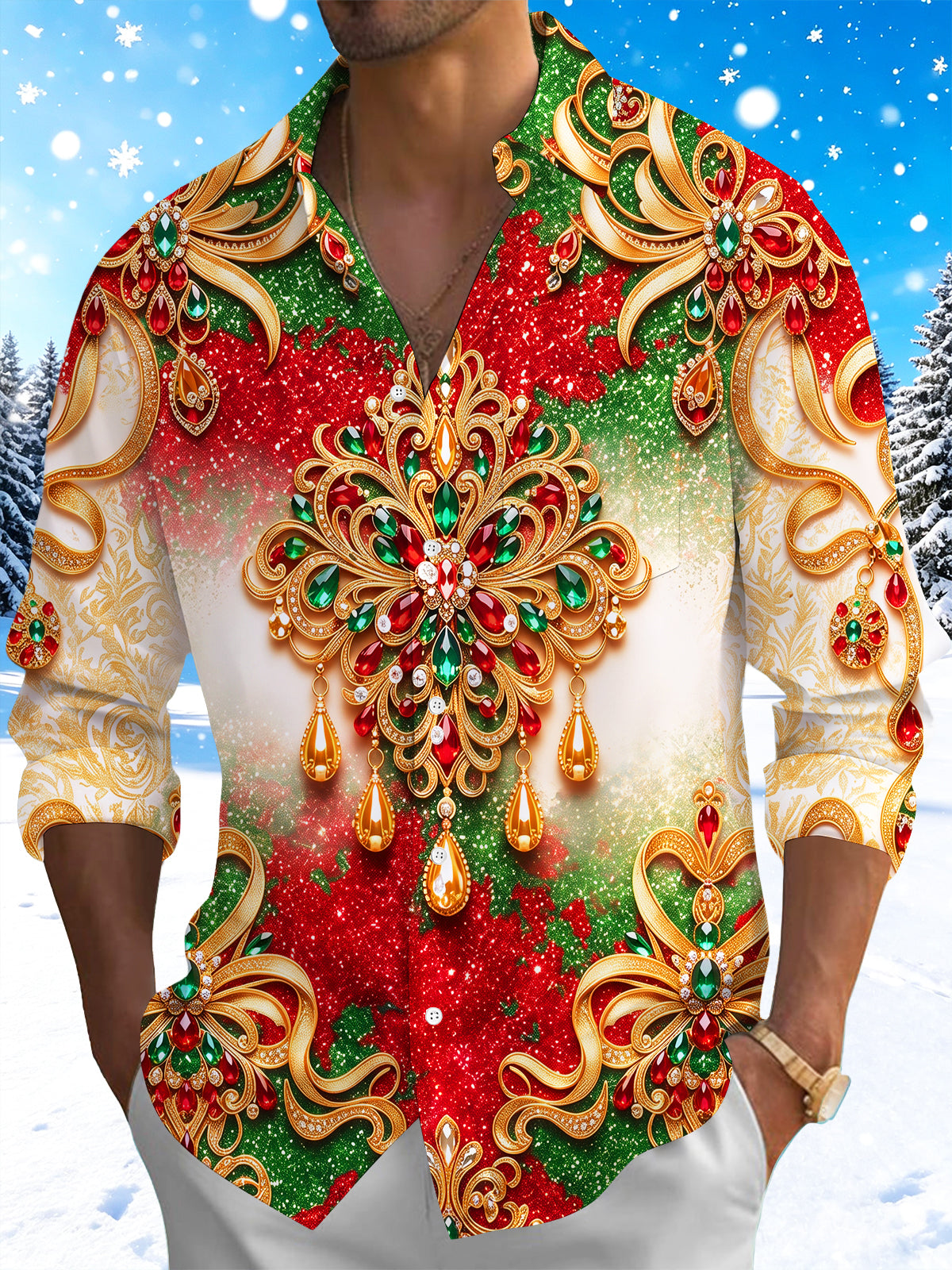 Oceanlyte Men's Long Sleeve Shirt - Christmas Gold Ornate Jewelry And Gemstone Mandala Print with Chest Pocket