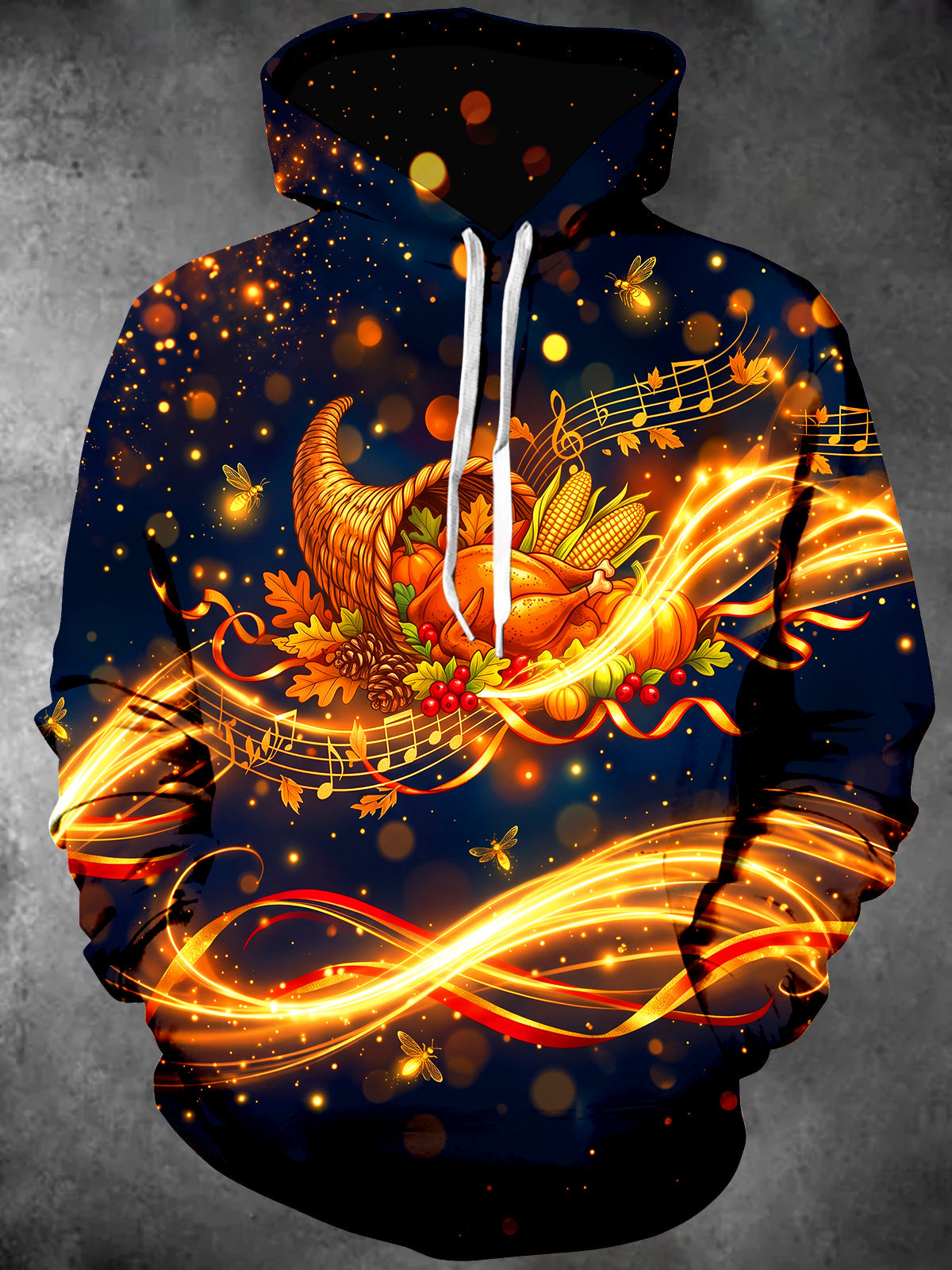 Oceanlyte Men's Long Sleeve Hoodie - Thanksgiving Cornucopia With Turkey And Music Notes Print