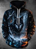 Oceanlyte Men's Long Sleeve Hoodie - Wolf In Winter Forest With Water And Ice Print