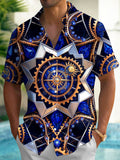 Oceanlyte Men's Steampunk Compass Gears And Gemstones Print Short Sleeve Shirt with Chest Pocket