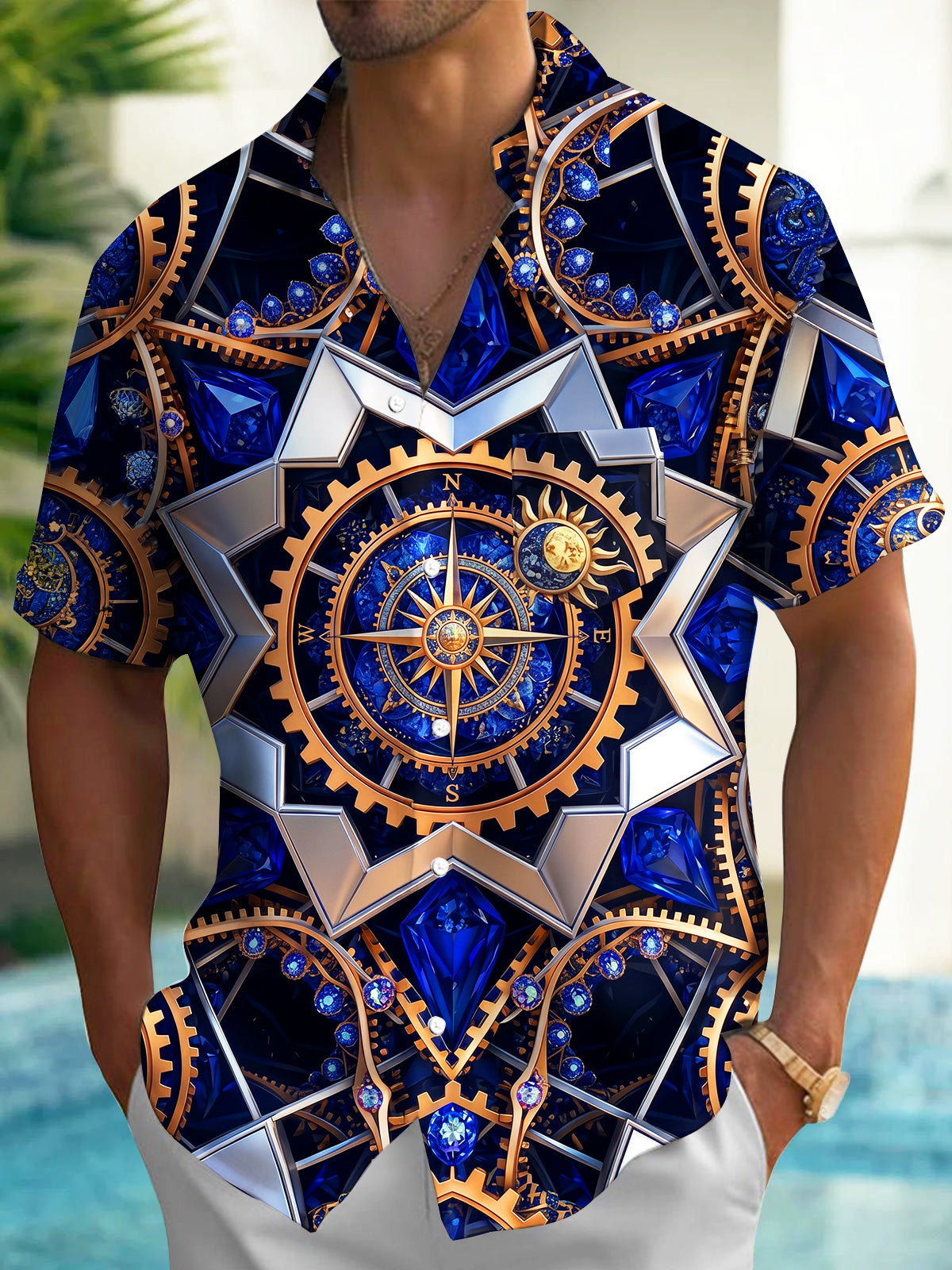 Oceanlyte Men's Steampunk Compass Gears And Gemstones Print Short Sleeve Shirt with Chest Pocket