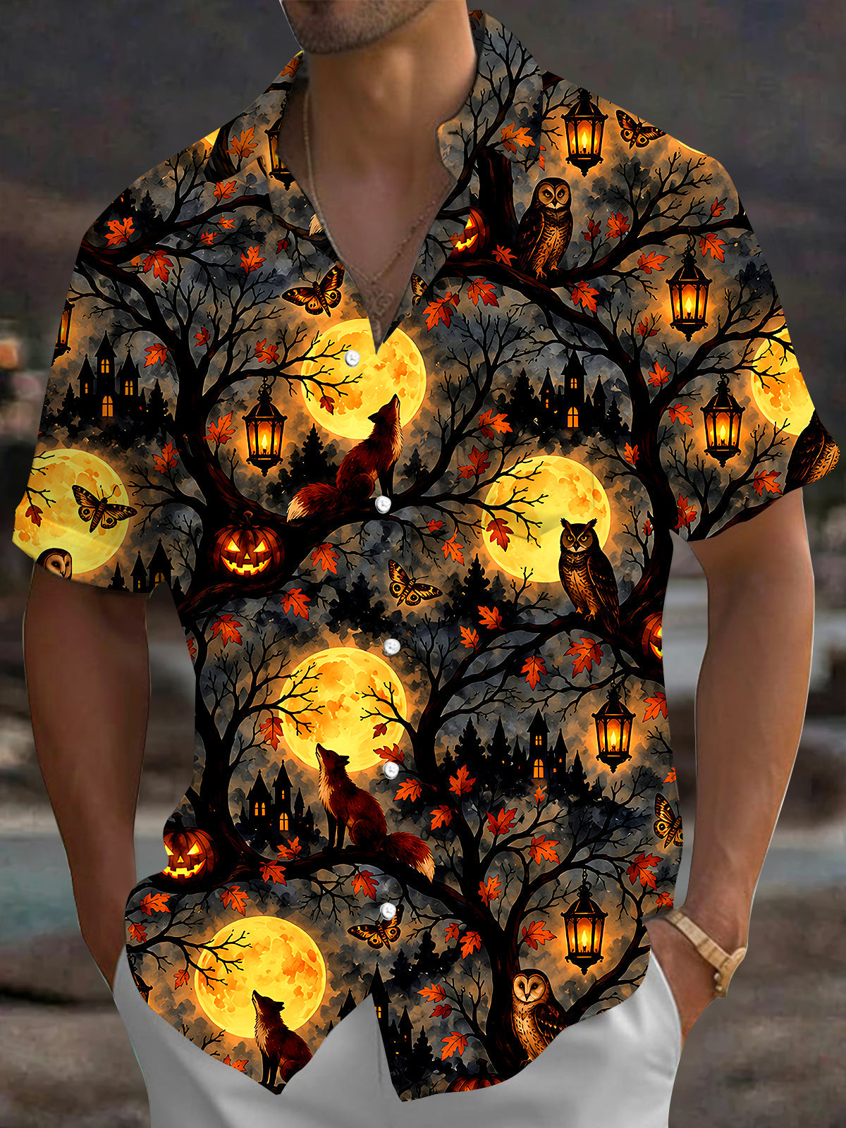 Oceanlyte Men's Short Sleeve Shirt - Halloween Foxes And Owls In Moonlit Forest Print with Chest Pocket