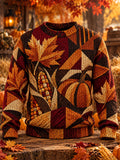 Oceanlyte Men's Long Sleeve Crew Neck Sweater - Autumn Leaves And Harvest Produce Print