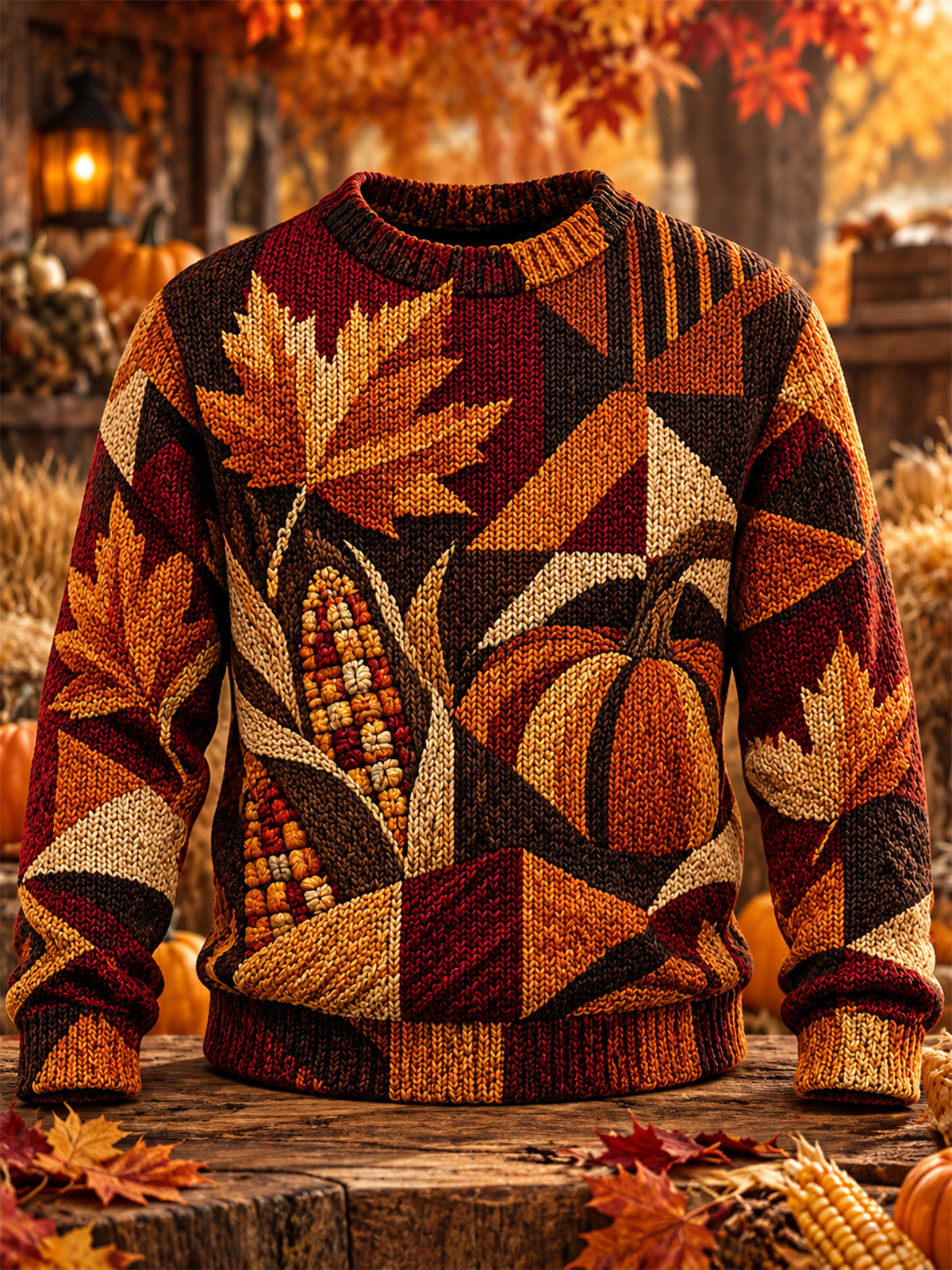 Oceanlyte Men's Long Sleeve Crew Neck Sweater - Autumn Leaves And Harvest Produce Print