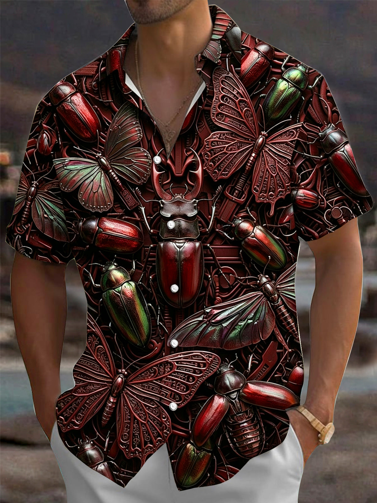 Oceanlyte Men's Hawaiian Insect Beetle Butterfly Print Short Sleeve Shirt with Chest Pocket
