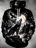 Oceanlyte Men's Howling Wolf And Full Moon Landscape Print Long Sleeve Hoodie