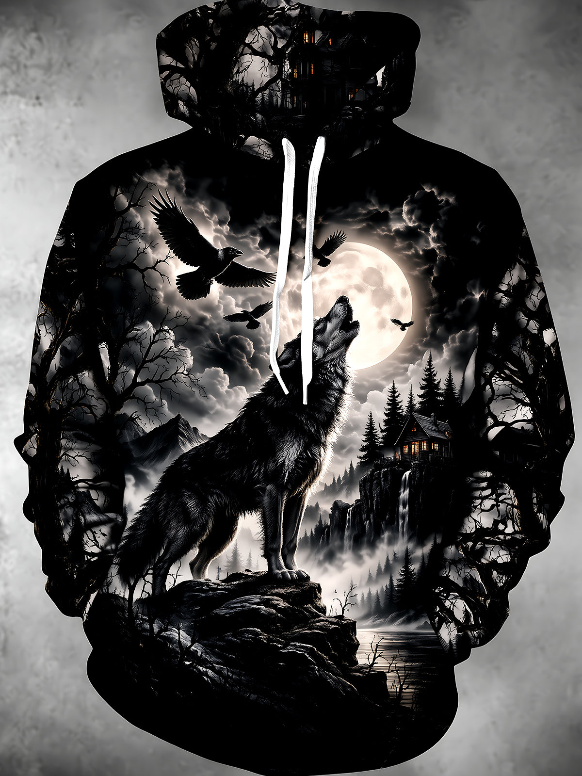 Oceanlyte Men's Howling Wolf And Full Moon Landscape Print Long Sleeve Hoodie