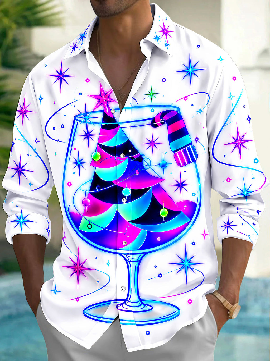 Oceanlyte Men's Neon Christmas Tree In Wine Glass Print Long Sleeve Shirt with Chest Pocket