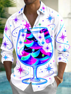 Oceanlyte Men's Neon Christmas Tree In Wine Glass Print Long Sleeve Shirt with Chest Pocket