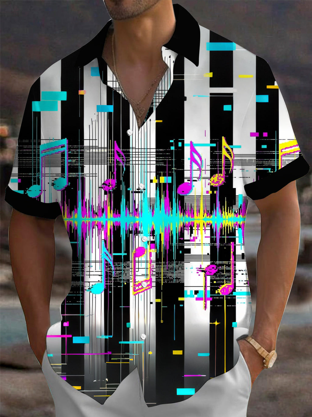 Oceanlyte Men's Musical Notes And Sound Waveform Print Short Sleeve Shirt with Chest Pocket