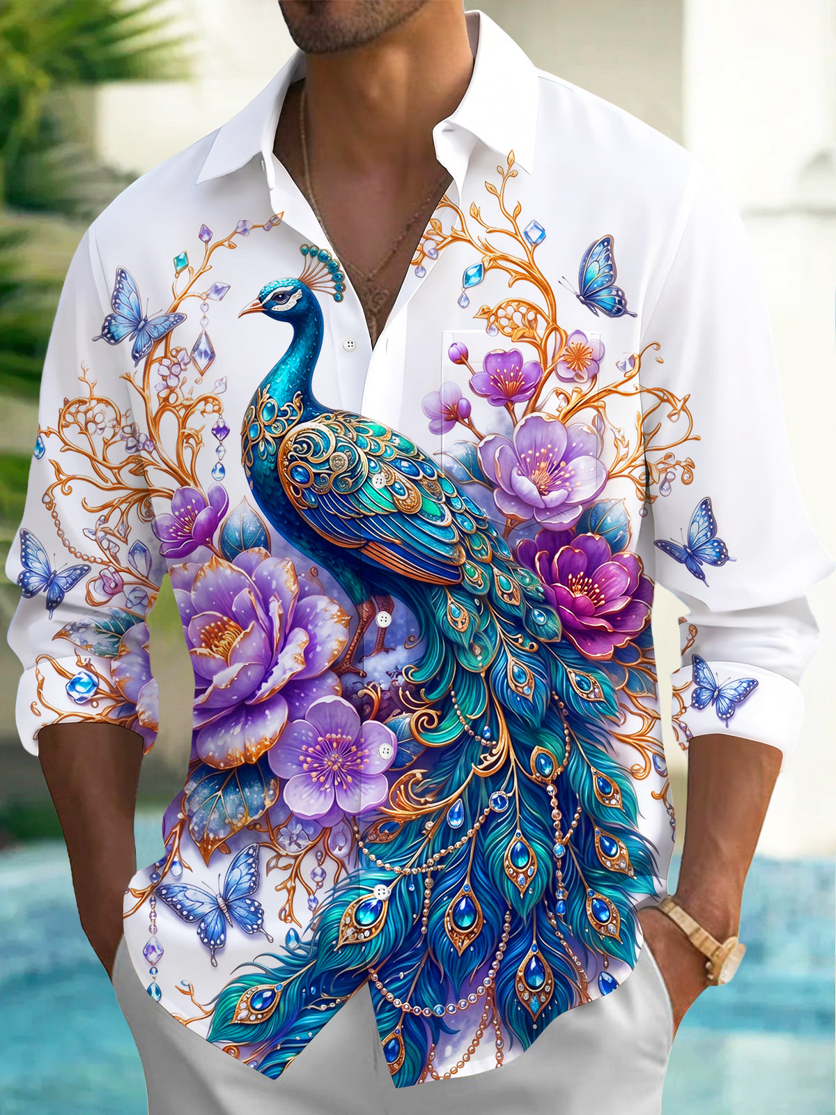 Oceanlyte Men's Printed Peacock And Floral Pattern Long Sleeve Shirt with Chest Pocket