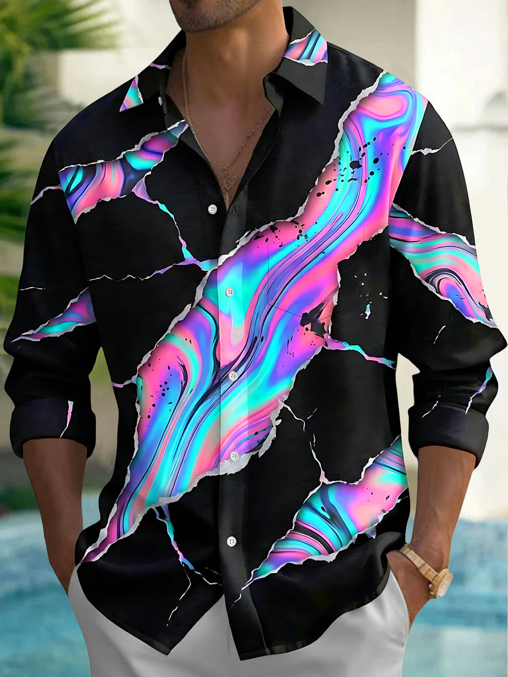 Oceanlyte Men's Long Sleeve Shirt - Abstract Psychedelic Swirls And Splatters Print with Chest Pocket