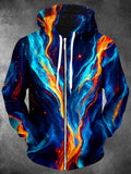Oceanlyte Men's Long Sleeve Zip-Up Hoodie - Abstract Fire And Nebula Fluid Texture Print