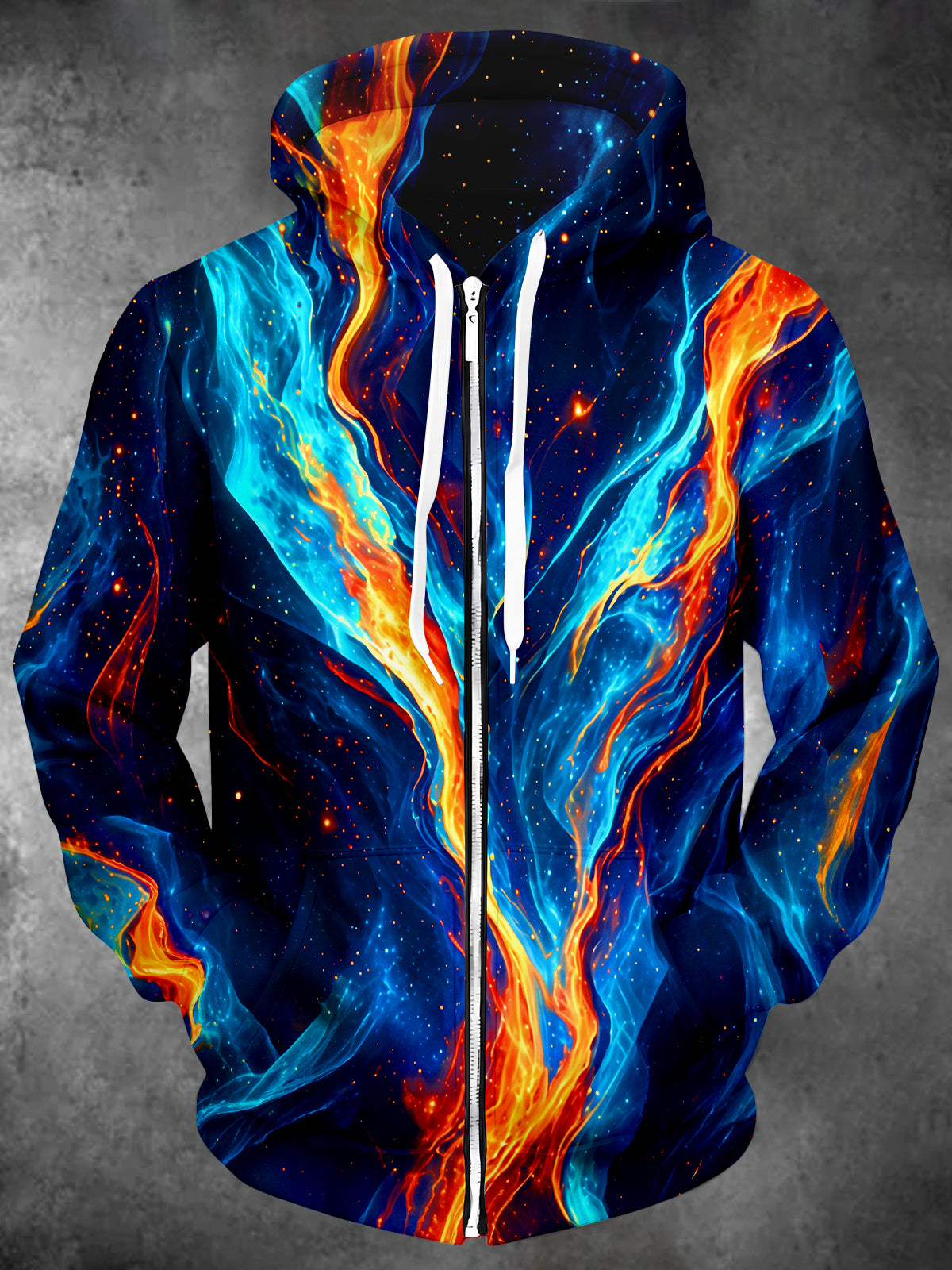 Oceanlyte Men's Long Sleeve Zip-Up Hoodie - Abstract Fire And Nebula Fluid Texture Print