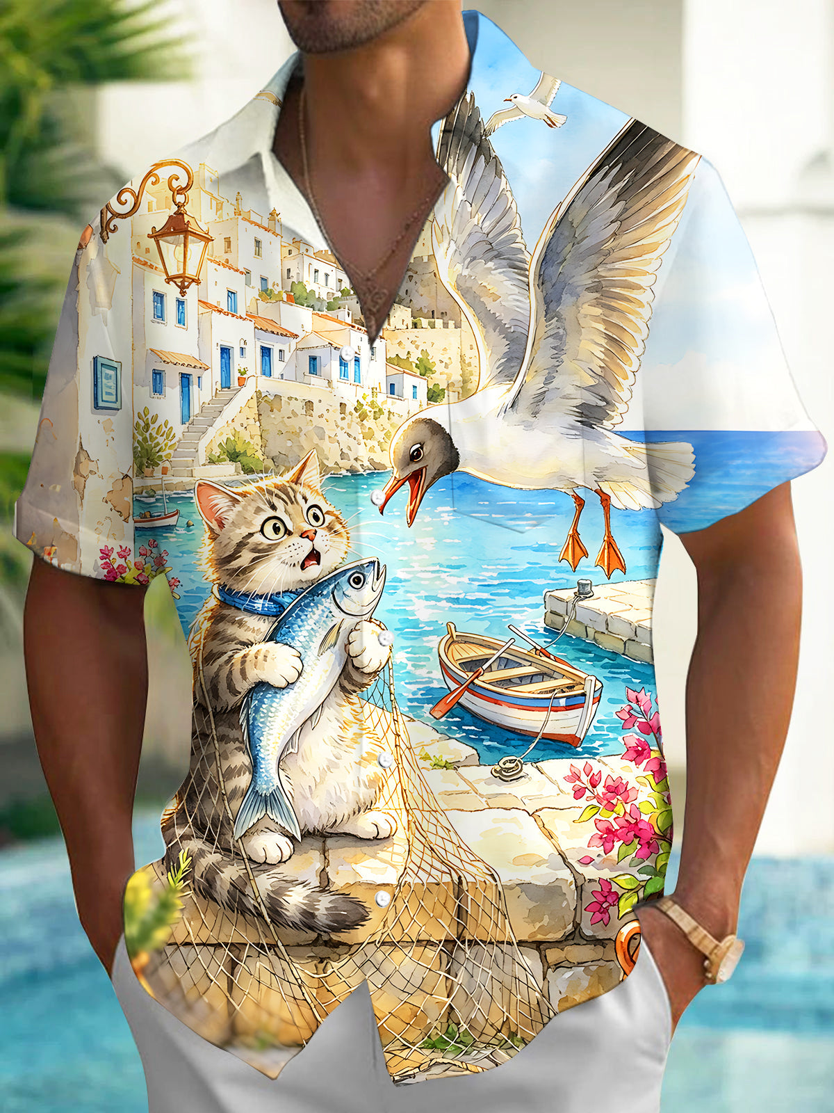 Oceanlyte Men's Hawaiian Cat Holding Fish And Seagull Print Short Sleeve Shirt with Chest Pocket
