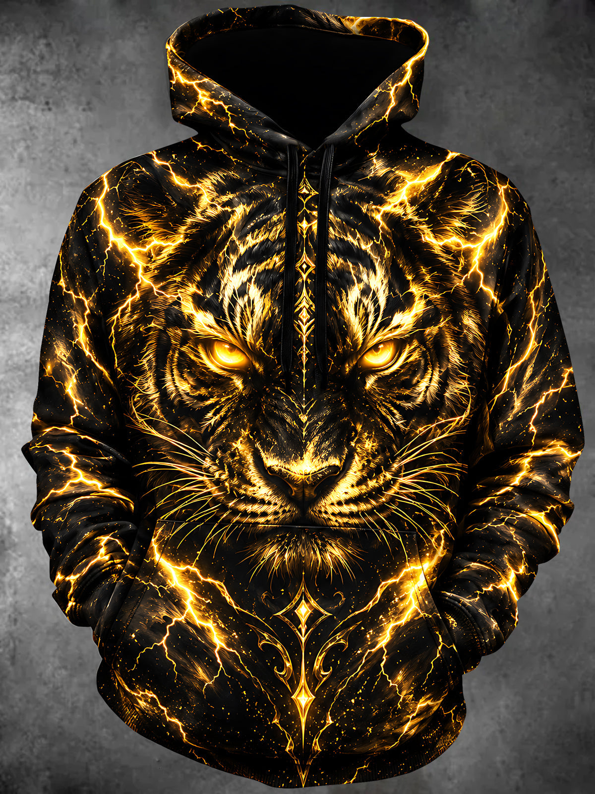 Oceanlyte Men's Long Sleeve Pullover Hoodie - Golden Tiger Face With Lightning Print with Kangaroo Pocket