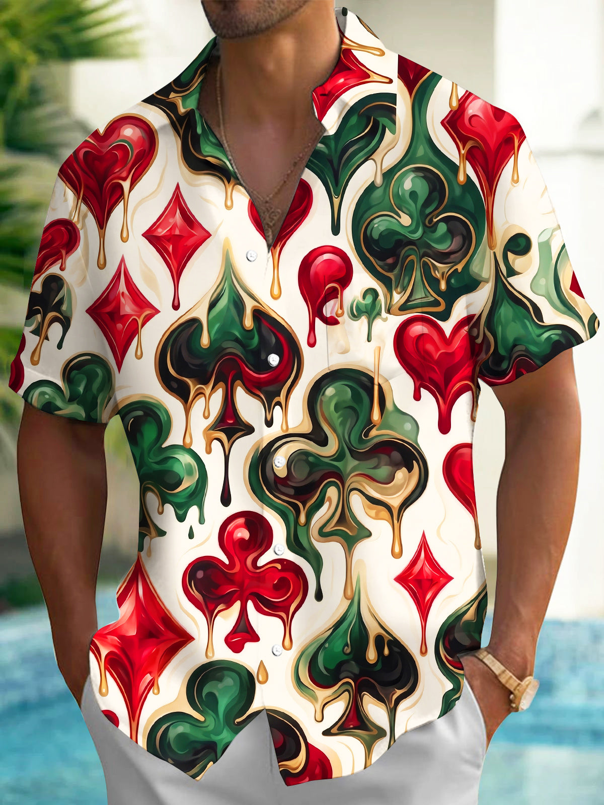Oceanlyte Men's Hawaiian Melting Playing Card Suits Print Short Sleeve Shirt with Chest Pocket