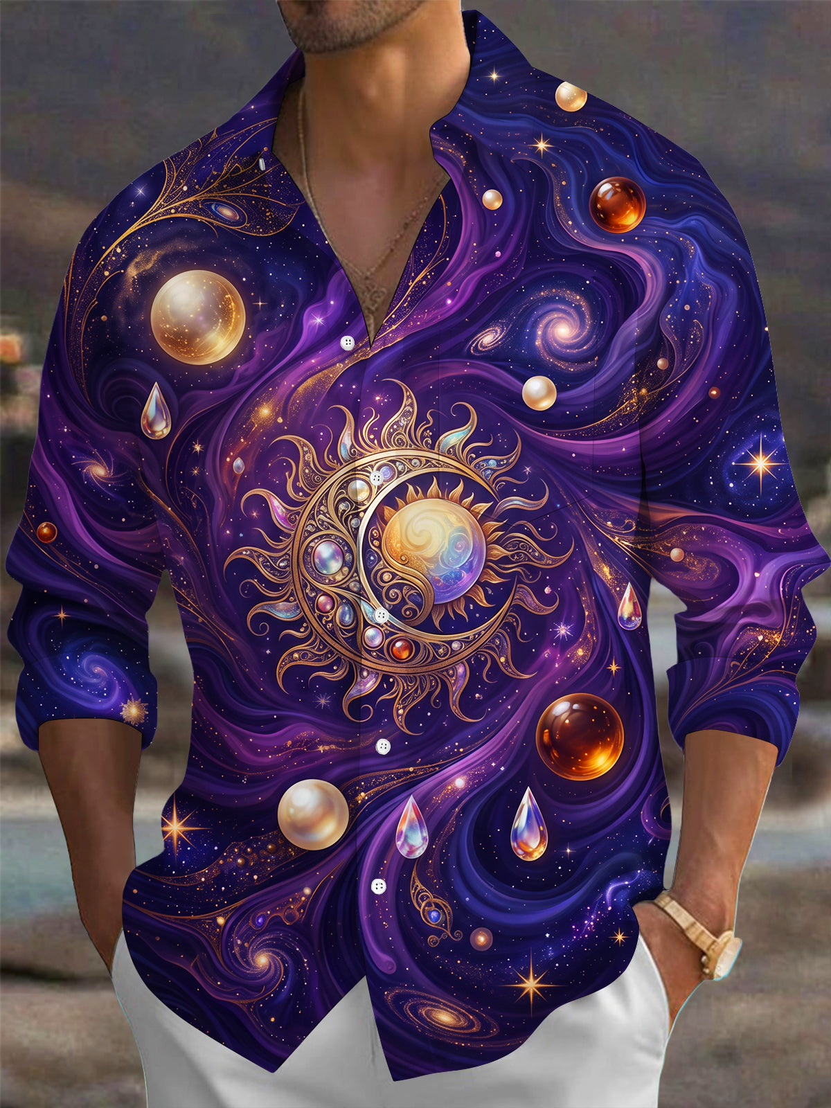 Oceanlyte Men's Graphic Sun Moon Cosmic Vortex Print Long Sleeve Shirt with Chest Pocket