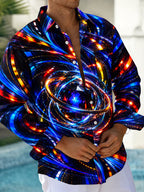 Oceanlyte Men's Abstract Neon Swirls And Geometric Gem Print Long Sleeve Shirt with Chest Pocket