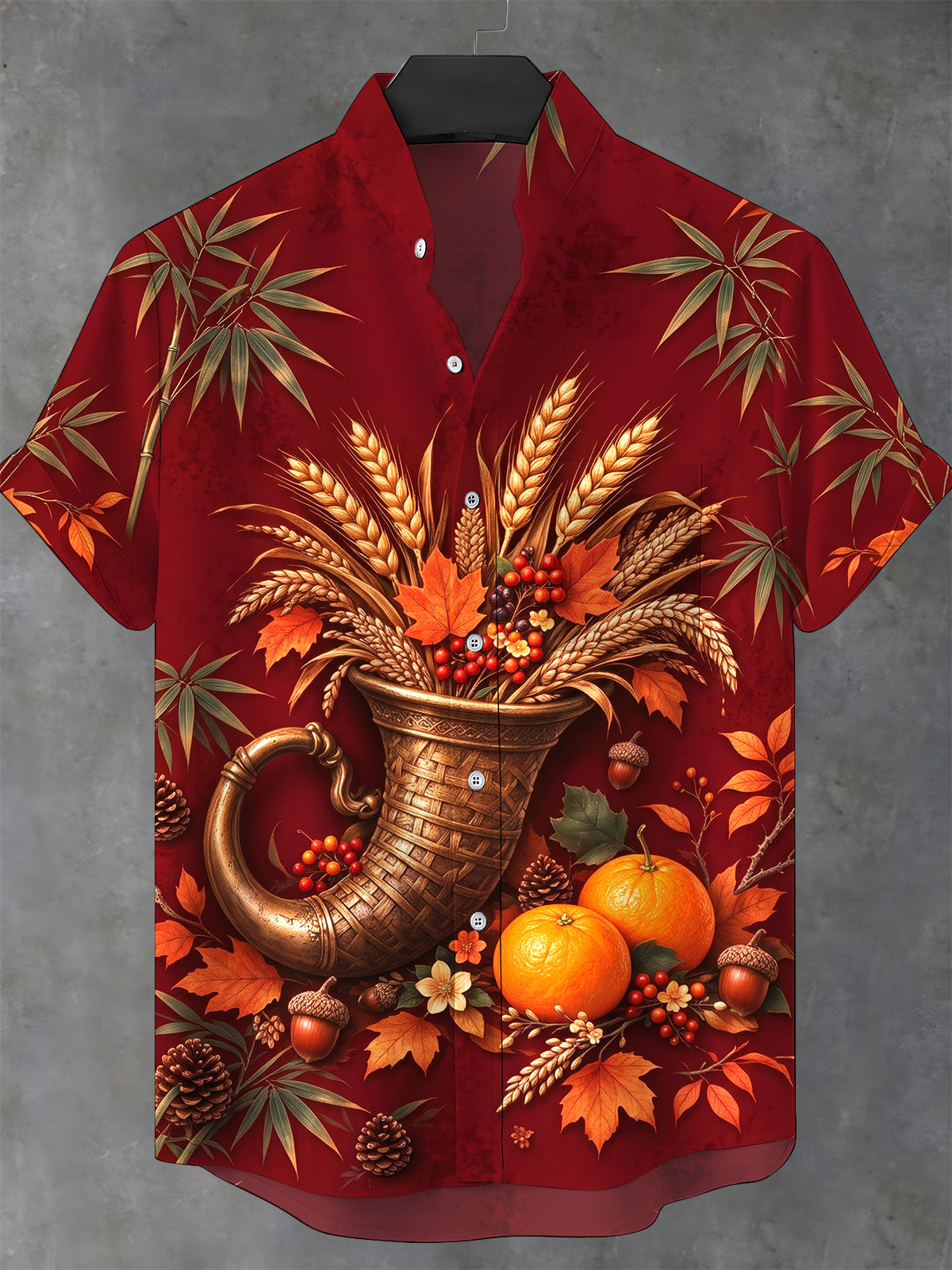 Oceanlyte Men's Short Sleeve Shirt - Thanksgiving Harvest Cornucopia With Wheat And Autumn Leaves Print with Chest Pocket
