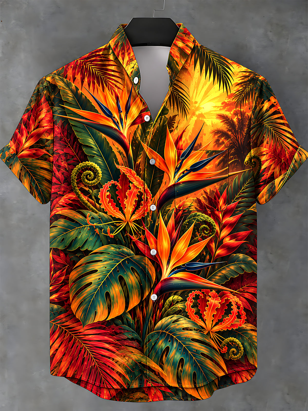 Oceanlyte Men's Short Sleeve Shirt - Tropical Jungle Plants And Birds Of Paradise Print with Chest Pocket
