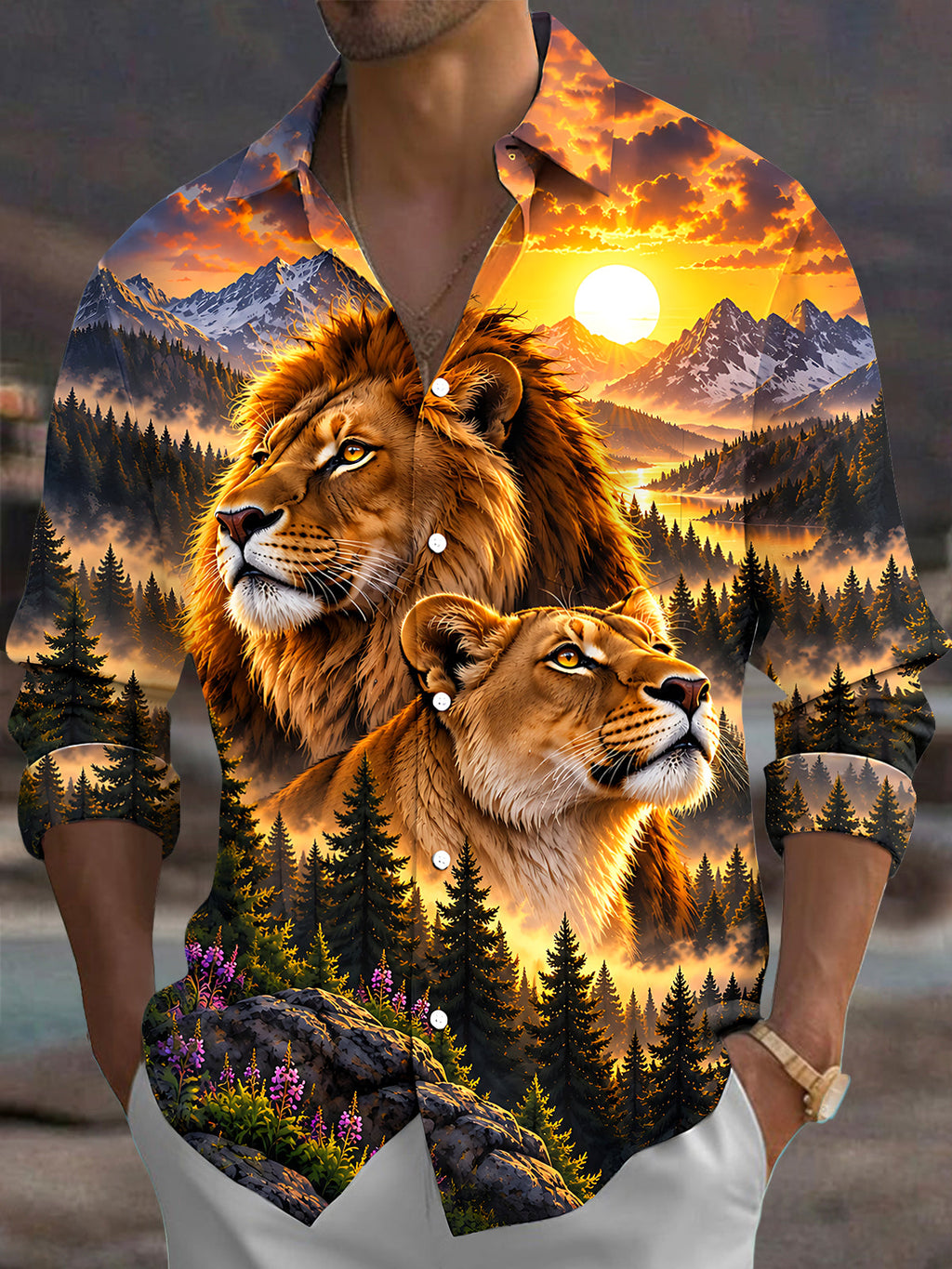 Oceanlyte Men's Graphic Lion Portrait Print Long Sleeve Shirt with Chest Pocket