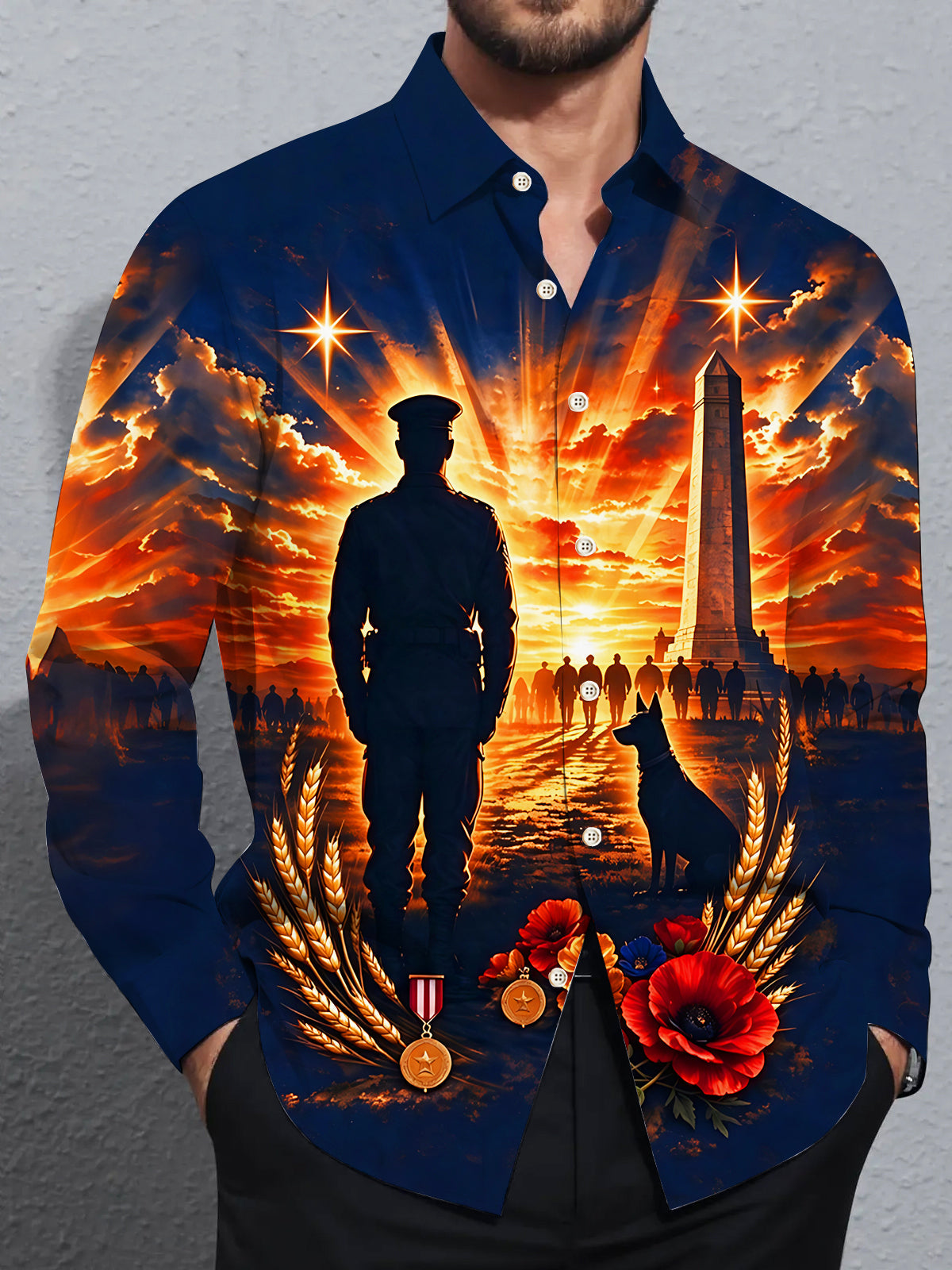 Oceanlyte Men's Long Sleeve Shirt - The "Fields of Remembrance" Graphic Veteran Silhouette And Monument Print with Chest Pocket