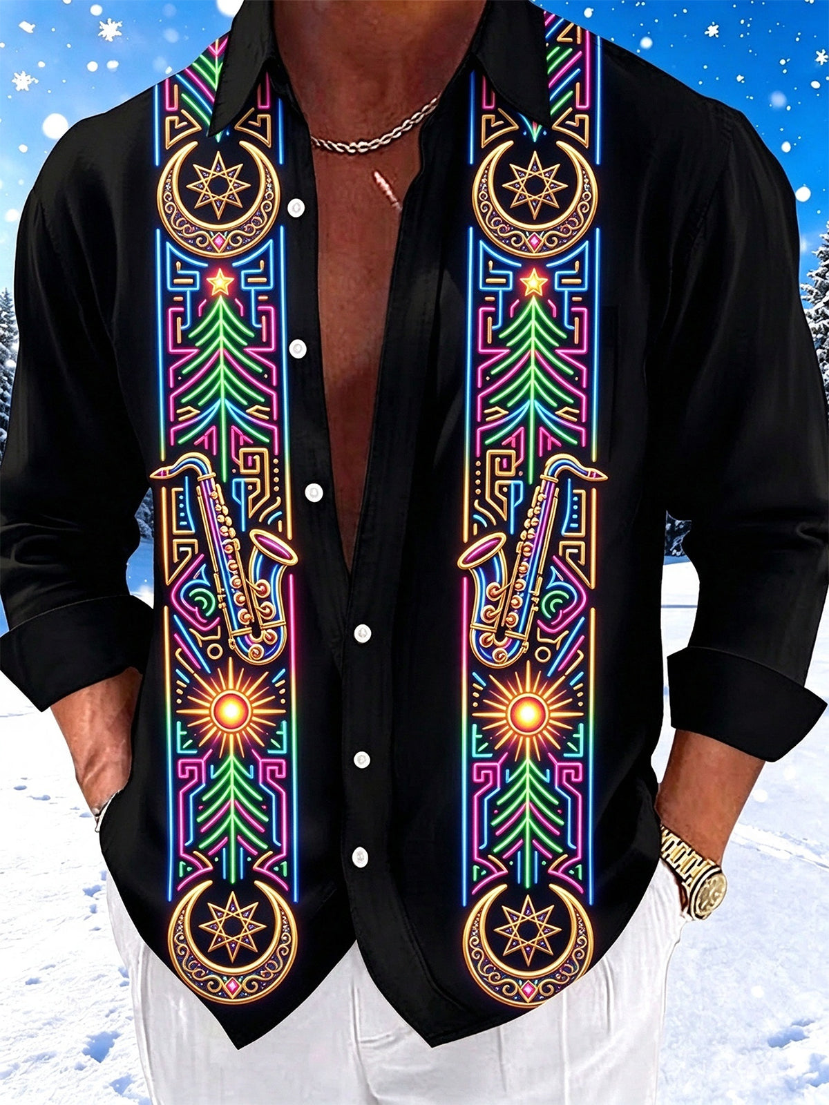 Oceanlyte Men's Neon Saxophone And Christmas Tree Motif Print Long Sleeve Shirt with Chest Pocket