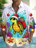 Oceanlyte Men's Long Sleeve Shirt - Christmas Turtle With Santa Hat And Gift Bag Print with Chest Pocket