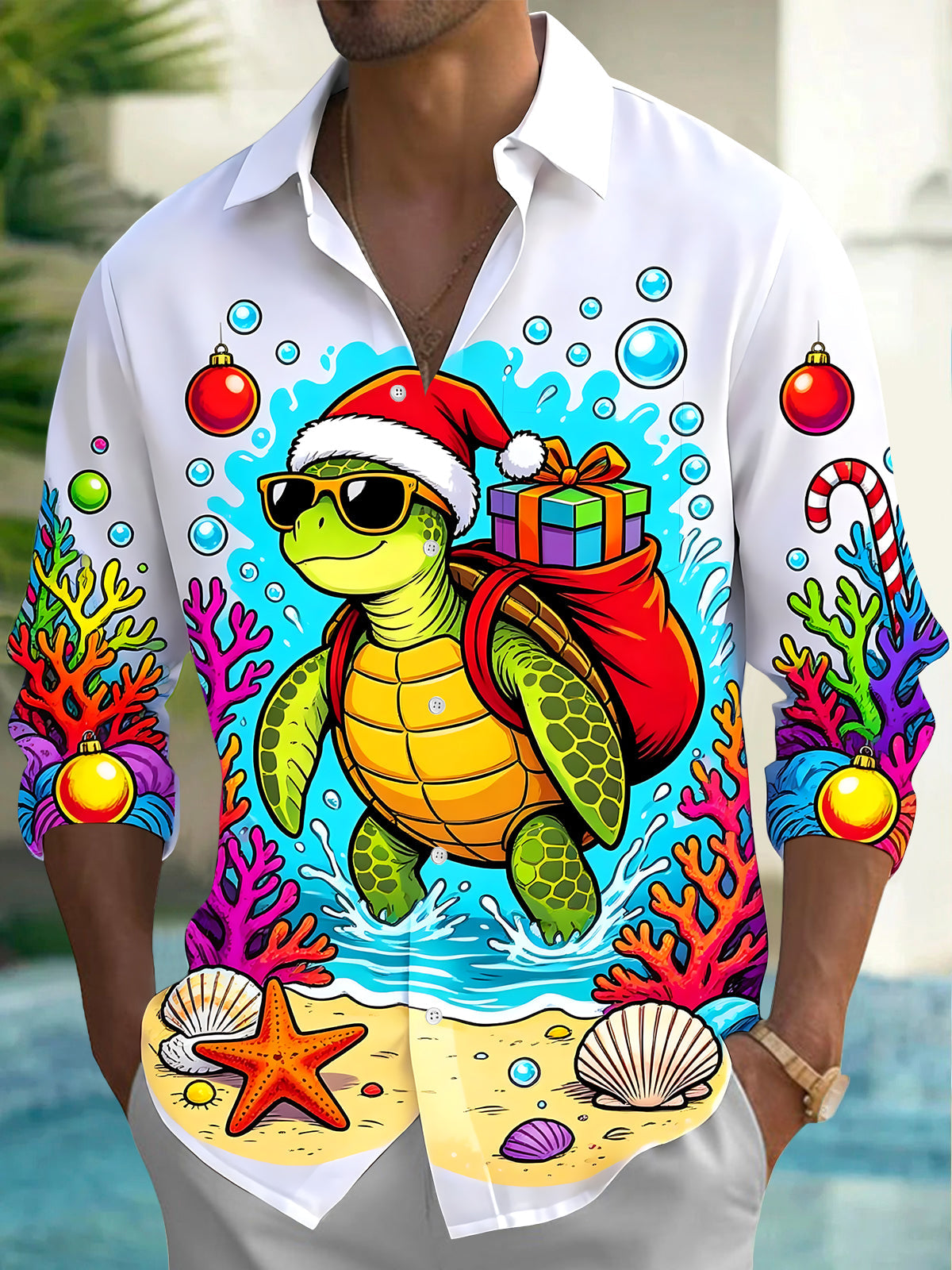 Oceanlyte Men's Long Sleeve Shirt - Christmas Turtle With Santa Hat And Gift Bag Print with Chest Pocket