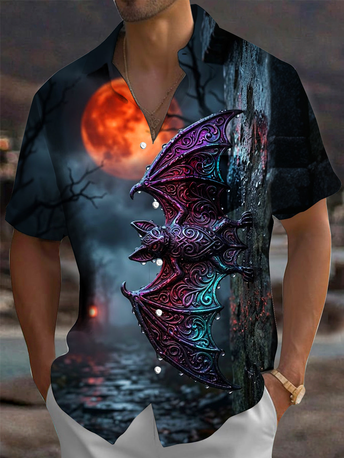Oceanlyte Men's Graphic Halloween Bat And Full Moon Print Short Sleeve Shirt with Chest Pocket